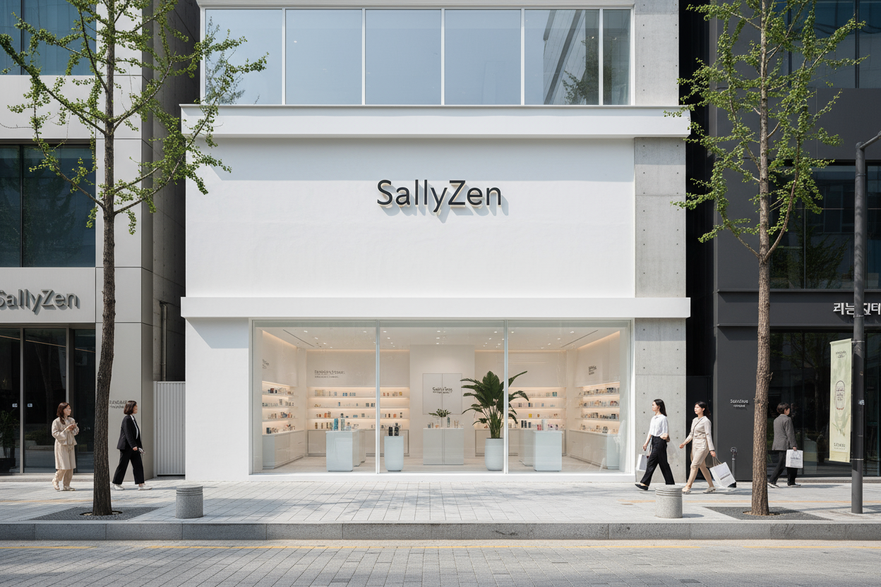 modern seoul street, there is a beauty skincare brand store named SallyZen. the store color is white and clean look.