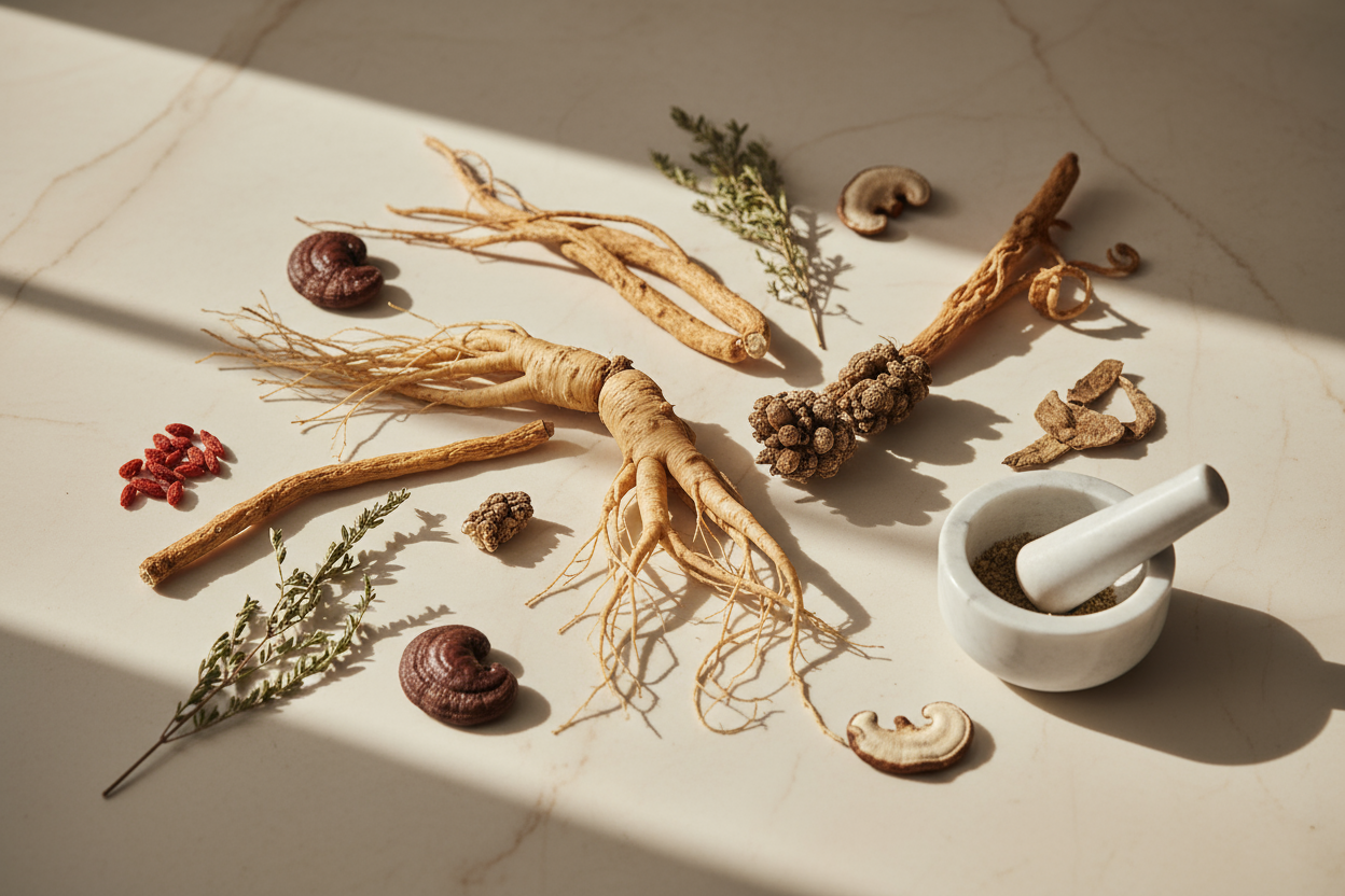 Top-down shot of premium Korean botanicals (ginseng root, 
angelica, cnidium) artfully arranged on cream marble surface. 
Natural morning light from window. Minimal styling with 
dried herbs, mortar and pestle. Desaturated warm tones, 
editorial beauty photography style. Shallow depth of field, 
soft shadows. Premium, organic, luxurious mood.